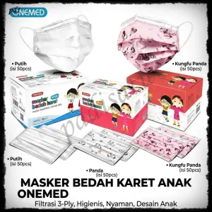 Masker Anak OneMed 3 Ply Earloop Bedah Karet isi 50pcs - Masker Medis Anak Motif Panda, Kungfu Panda, & Putih Polos